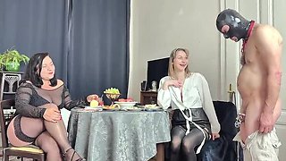 Two and Slave Kosta: Hairy Blonde and Brunette Femdom Pissing