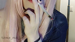 School Girl masturbating with a dildo and smoking a long cig (ask me for full vid)