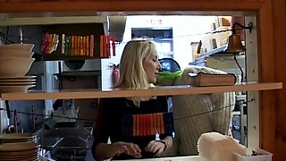 Wild French Babe Pleasing Two Cocks While Working in Kitchen