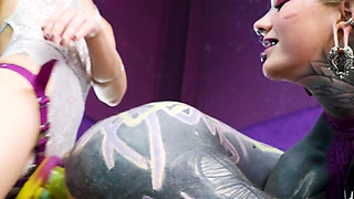 Heavy Tattooed Sub Played with and Pegged by 2 Dominas