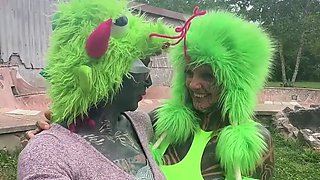 Tattooed Girls Stretches on Massive Dildo in her cute outfits