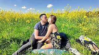 Hungarian MILF with big natural tits fucks doggy style in a field - Amateur outdoor sex
