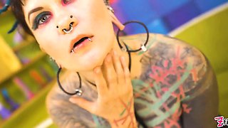 Punk queen taunts little boobs & nipples then takes aggressive doggystyle, dripping facial