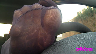 Nyllady's Footjob to Gearshift and Wheel in Patterned Pantyhose