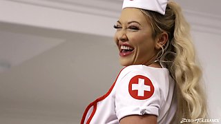 Seductive blonde nurse Adira Allure bends over for a black dick