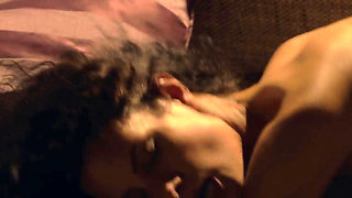 Curly-haired beauty rides and gets drilled on the couch at night