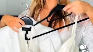 Sexy Blonde Babe With Big Boobs Strips Bra