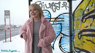 Short hair blonde amateur teen with soft natural body picked up as bus stop