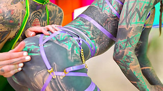 Barely There String & Tight Vinyl Tease - German Girls Spank Each Other Then Fuck With Strap-On In Pussy And Ass