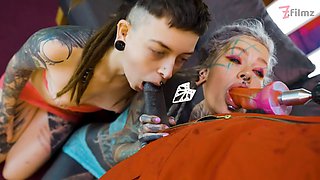 Extreme Anal Threesome Session with Drill Dildo & Sloppy Blowjobs