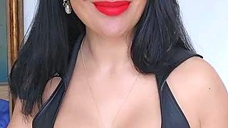 Busty curly brunette with big boobs fucks on couch