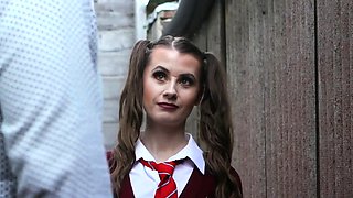 College uniform voyeur teases outdoor