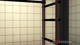 Crazy sex in the prison. A sexy brunette with many boobs gets fucked hard by a butcher