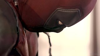 Ebony girl gets fucked by guys in deadpool and spiderman cosplays. Intense threesome!