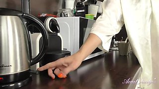 Shaved Marta's Morning Coffee Masturbation with Red Hair