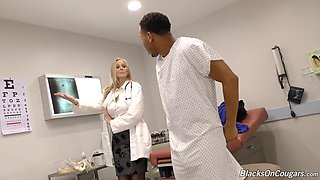 Lustful blonde doctor milks young hunk's BBC during monthly checkup