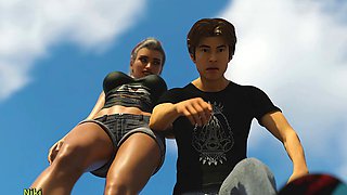 Steamy animated threesome adventure featuring Misskitty2k in a business suit and swimsuit