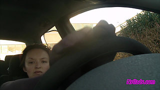 Nyllady's Footjob to Gearshift and Wheel in Patterned Pantyhose