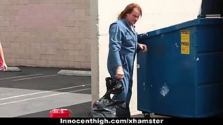 Thin cheerleader tied up and banged by janitor