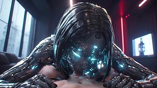 Glossy Robotic Whore in Reverse Cowgirl - Screaming, Squirting Cum from Mouth on Huge Tits