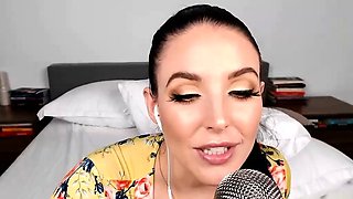 Busty curly brunette with big boobs fucks on couch
