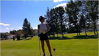 Flashing At Golf Public Braless And No Panties Upskirt With People Around
