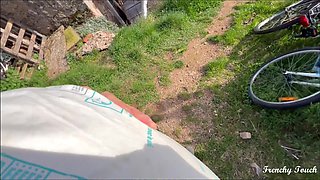 POV French babe happily fucks her neighbour in the house's backyard