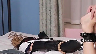 A Cute College Girlfriend Tries on the Restraints of a Leather Single Glove and Leather Ankle Shackles, Tickling Her Feet