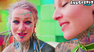 ALT Tattooed Cuties in Shiny Latex Lesbian Strap-On Fuck with German Dirty Talk