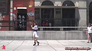 Slave Zenda Sultry paraded with dildo on a stick in publi