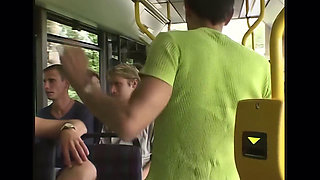 Woman in dress shamelessly fucks on a bus