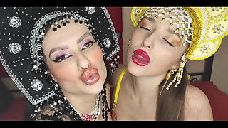 Two Princesses Mesmerize You with Their Sexy Bodies and Sticky Juicy Glossy Lipstick Kisses