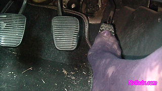 Nyllady's Footjob to Gearshift and Wheel in Patterned Pantyhose
