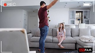 Stepdaughter Swallows Stepdad's Cock After He Scares Away Her Boyfriend