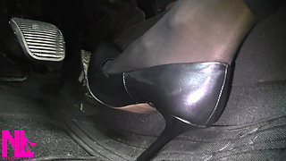 Revving and Driving in Black Pantyhose and Grey High Heels