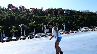 Skateboarding fail of big ass Thai MILF